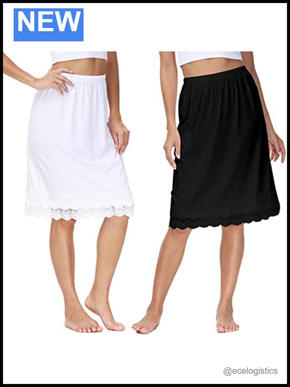 Cotton Spandex Half Slip Skirt Extender with Lace Trim for Women Knee Length